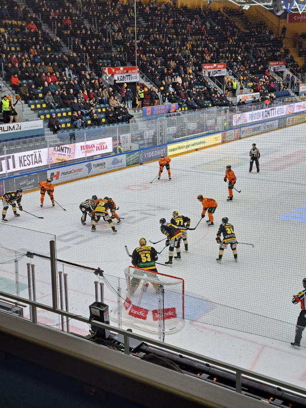 Gruppe von Menschen, die Hockey auf einem Eisstadion spielen, umgeben von einem Zaun, mit einem Netz in der Mitte, Zuschauern im Hintergrund, Bannern und Stadionbeleuchtung von oben.