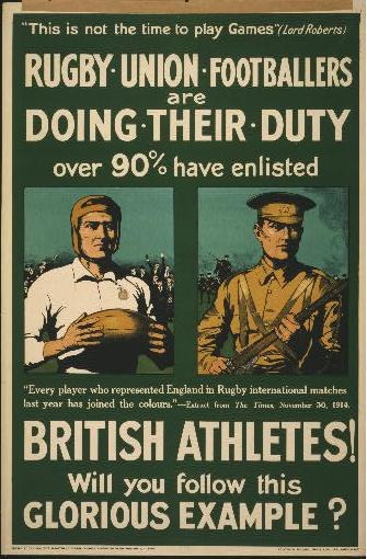 Plakat, das zwei Rugbyspieler in Militäruniform zeigt, mit Text über britische Athleten, die sich verpflichten.