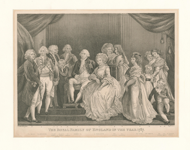 Eine Gruppe von Menschen, einschließlich der königlichen Familie Englands, die auf einer Treppe stehen und sitzen, vor einer Vorhangwand im Jahr 1787, mit Text unten.