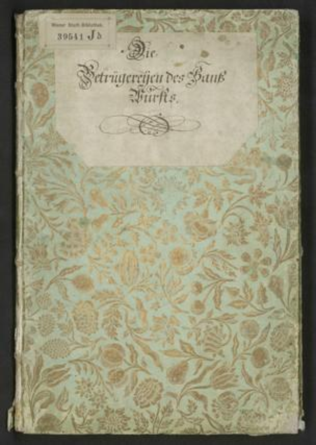Ein altes Buch mit floralem Design auf dem Cover, vor schwarzem Hintergrund, betitelt mit "Die Betrugereierten der Bank fürs"