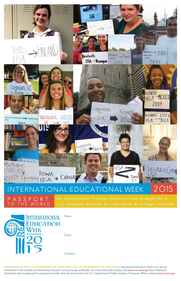 Plakat für die Internationale Bildungswoche 2015 mit einer Gruppe strahlender Menschen, die Schilder mit textbezogenen Informationen halten.