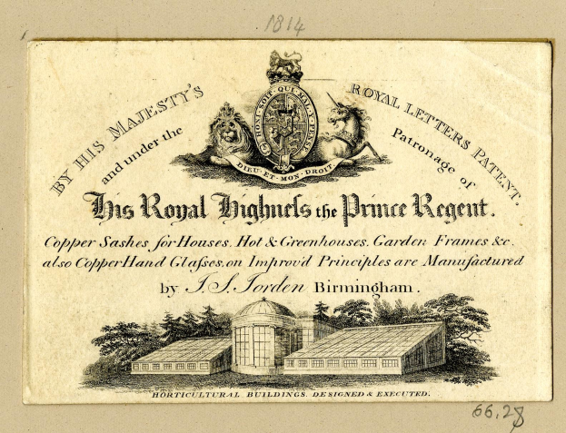 Alte Visitenkarte mit einem Gebäude, Bäumen, dem Text "The Royal Highmills of the Prince Regent" und einem Logo.