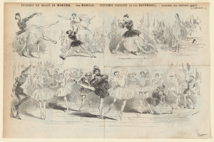 Eine Buchseite mit einer Zeichnung einer lebendigen Gruppe von Menschen, die im Einklang tanzen, sowie begleitendem Text mit Details zum Datum, Uhrzeit und Ort des Ereignisses.