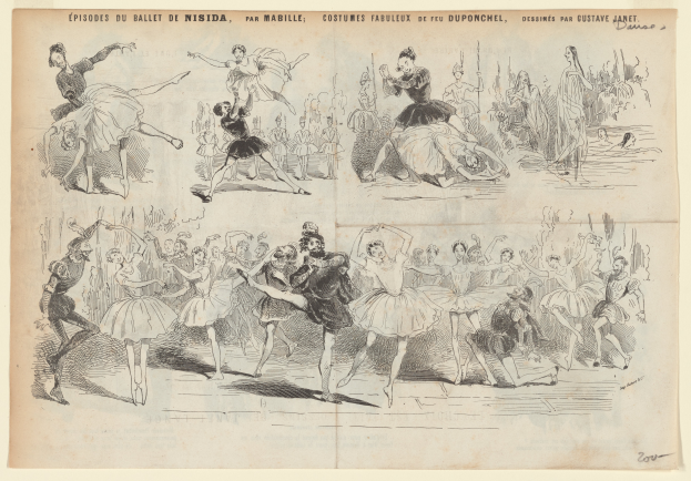 Eine Buchseite mit einer Zeichnung einer lebendigen Gruppe von Menschen, die im Einklang tanzen, sowie begleitendem Text mit Details zum Datum, Uhrzeit und Ort des Ereignisses.