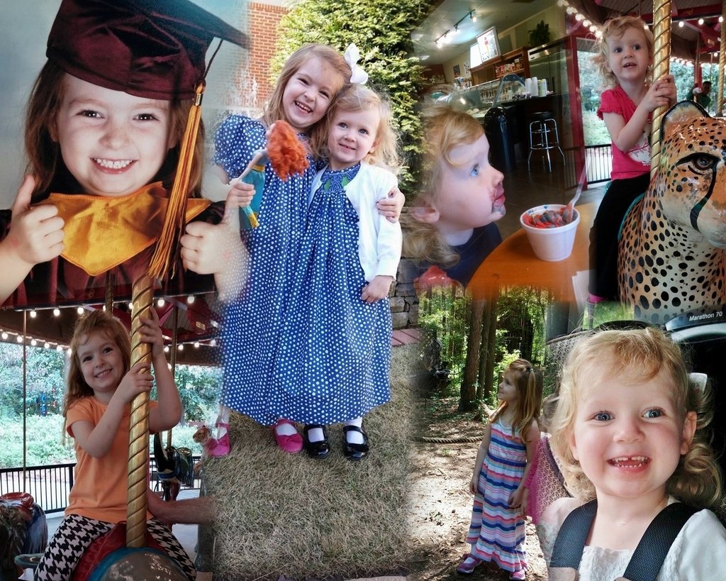 Collage mit lustigen Fahrgeschäften, Kindern an einem Tisch mit Essen und Besteck, Außenbereichen wie Lichtern, Bäumen und Gras sowie diversen Gegenständen wie einem Seil und Hut.