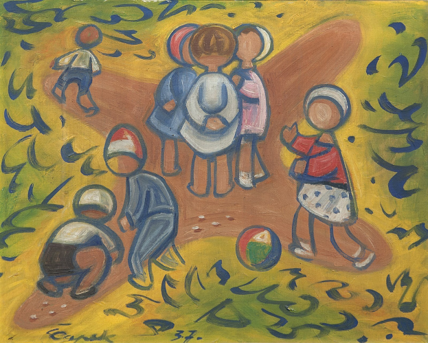 Malerei auf einer Tafel, die Kinder beim Spielen mit einem Ball in einem hellen, fröhlichen Feld zeigt, wobei einige ihn werfen und andere ihn in die Luft werfen.