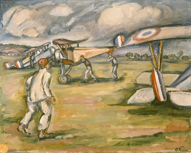 Bild betitelt 'Der Flug des Flugzeugs' (1891) von Paul Cézanne zeigt Männer bei der Arbeit an einem Flugzeug in einem Feld mit Bäumen und einem bewölkten Himmel.