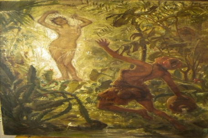 Ein Gemälde eines Mannes und einer Frau in Not, umgeben von üppiger Dschungelvegetation, mit leuchtenden Farben und detaillierten Einzelheiten.