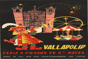 Buntes Karnevalsplakat in Valladolid, Spanien, mit einem Gebäude, einem Riesenrad, einem Spielzeug und festlichem Text.