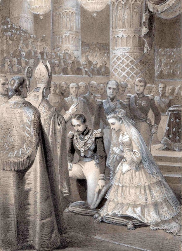 Eine Schwarz-Weiß-Zeichnung eines Mannes, der neben einer Frau in einem Hochzeitskleid kniet, umgeben von Menschen, mit anderen auf Treppen und Säulen sitzend, die mit Vorhängen und Kronleuchtern geschmückt sind, zeigt die Hochzeit von Zar Nikolaus II. und Kaiserin Alexandra Fjodorowna im 18. Jahrhundert.