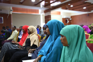 Eine Gruppe von Frauen sitzt in Stühlen in einem Raum, hält Bücher und Stifte, mit einer Wand, Deckenleuchten und einer Klimaanlage im Hintergrund, wahrscheinlich an einer Workshop zu Frauenrechten in Nigeria teilnehmend.