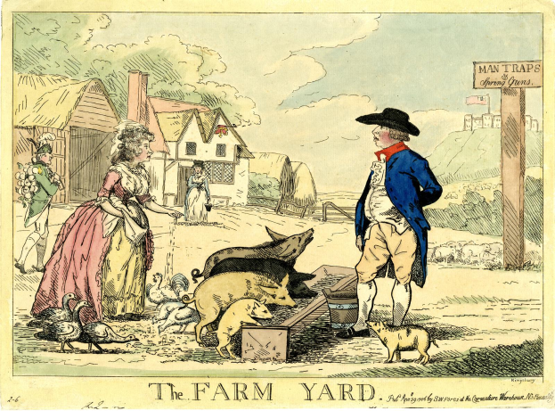 Eine Karikatur eines Mannes und einer Frau auf einem Bauernhof mit verschiedenen Tieren, Häusern, einem Wegweiser und einem bewölkten Himmel, mit Text unten.