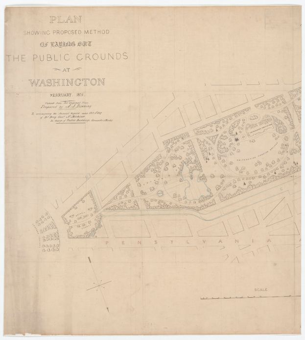 Ein detaillierter Plan der öffentlichen Flächen in Washington, der verschiedene Flächen und Wege zeigt, mit darauf geschriebenem Text.