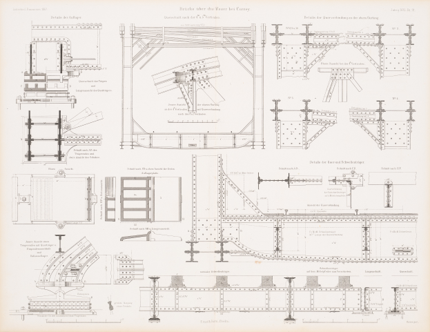 Ein detailliertes Bild einer Eisenbahnbrücke in einem Buch, das ihre Bögen, Balken und andere strukturelle Merkmale zeigt, mit begleitendem Text zur Beschreibung ihrer Konstruktion.