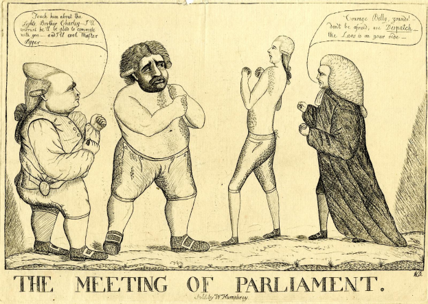 Ein Bleistiftbild mit dem Titel "Die Parlamentssitzung" zeigt drei Personen, die diskutieren, wobei eine Person lebhaft gestikuliert.