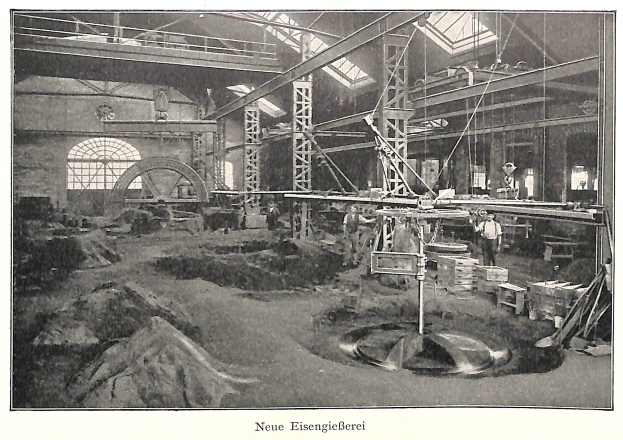 Schwarzes und weißes Foto einer Fabrik mit Arbeitern, die an einer Maschine arbeiten, umgeben von Metallstangen und -pfählen, beschriftet mit 'Neue Eisenglebeerei, die erste Fabrik Deutschlands'.