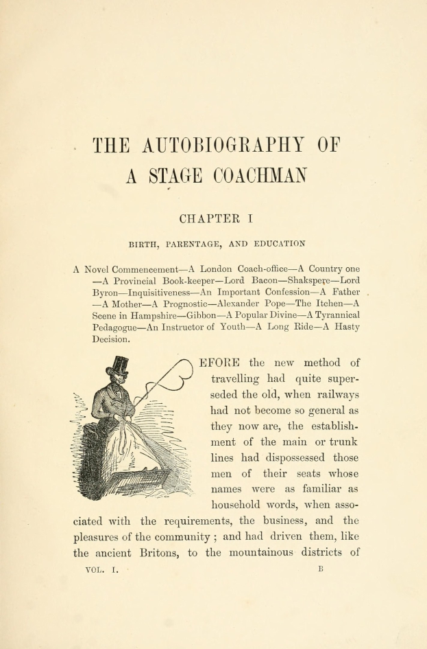Offenes Buch mit dem Titel "Die Autobiografie eines Kutschers" mit einer Zeichnung eines strengen Kutschers in einem Anzug und Hut, der einen Stab und ein Buch hält.