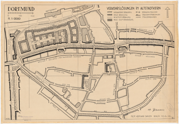 Ein detaillierter alter Stadtplan von Dortmund, Deutschland, der Straßen, Gebäude und Sehenswürdigkeiten mit Textbeschriftungen zeigt.