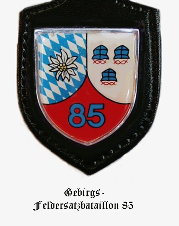 Ein rundes Abzeichen mit der Nummer 85 und deutscher Schrift am unteren Rand, das das Logo der bayerischen Fussballmannschaft darstellt.