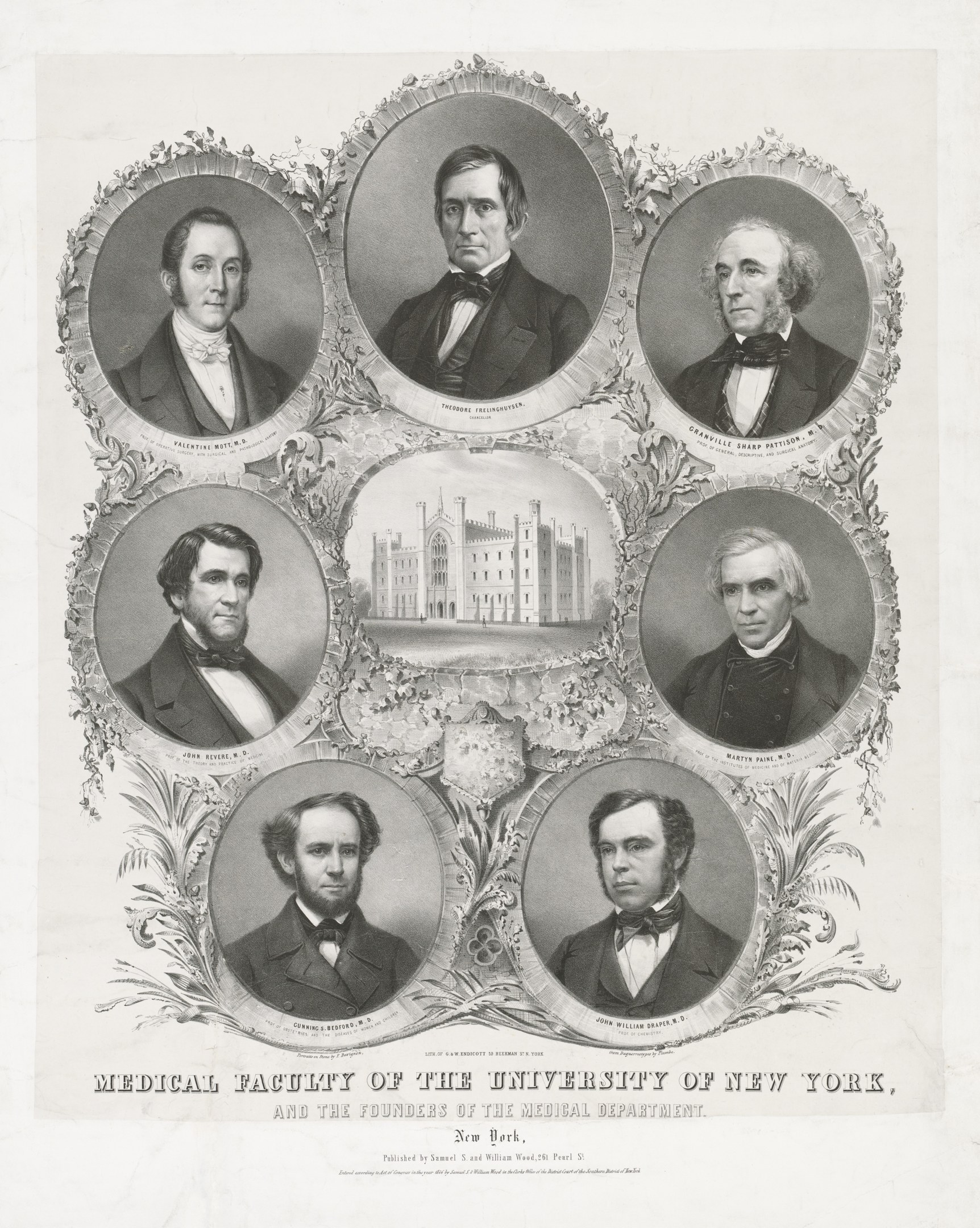 Schwarz-weiß-Foto von formell gekleideten Männern, die vor einem Gebäude posieren, mit Text unten, der "Medizinische Fakultät der Universität New York und die Gründer des medizinischen Fachbereichs" lautet.