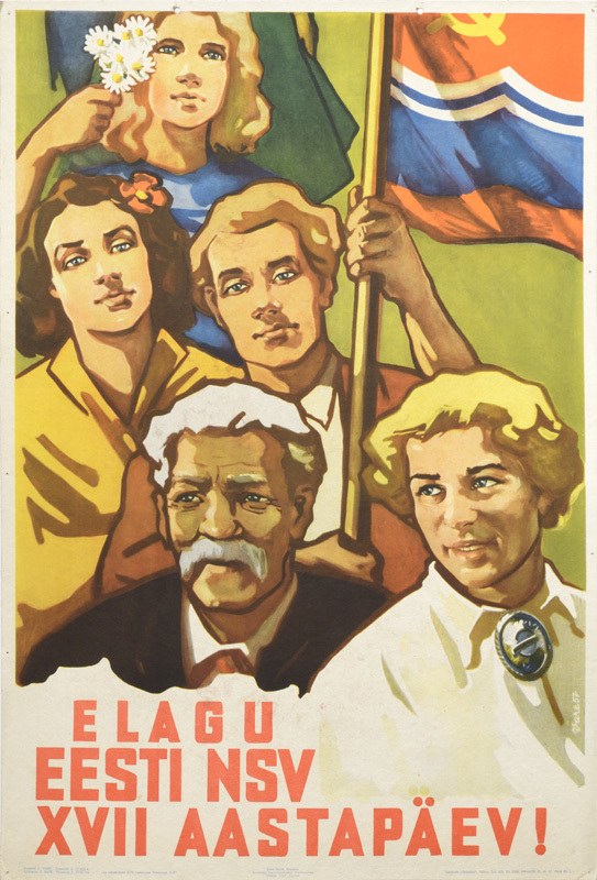 Sowjetisches Propagandaplakat, das eine Gruppe von Menschen zeigt, die eine Fahne halten, die Einheit oder eine Sache symbolisiert.