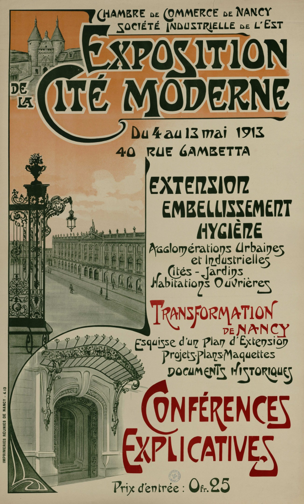 Plakat für eine Ausstellung in Cite Moderne, das ein Bild eines Gebäudes, eines Tors und eines bewölkten Himmels zeigt, mit Texten, die Details der Ausstellung enthalten.