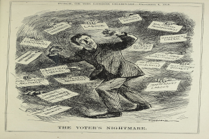 Ein Mann im Anzug und Krawatte hält ein Schild mit der Aufschrift "Der Albtraum des Wählers" und blickt entschlossen.