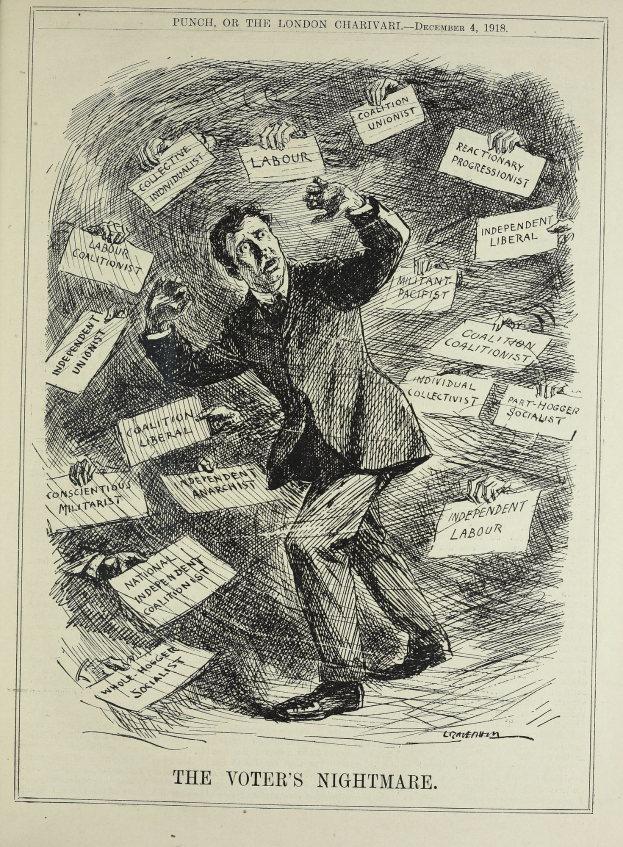 Ein Mann im Anzug und Krawatte hält ein Schild mit der Aufschrift "Der Albtraum des Wählers" und blickt entschlossen.