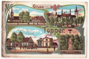 Alte Postkarte, die eine deutsche Stadt mit Gebäuden, Bäumen, Menschen, Wagen, einer Statue, einem Zaun und einem bewölkten Himmel zeigt, mit handgeschriebener Text auf der Vorderseite.