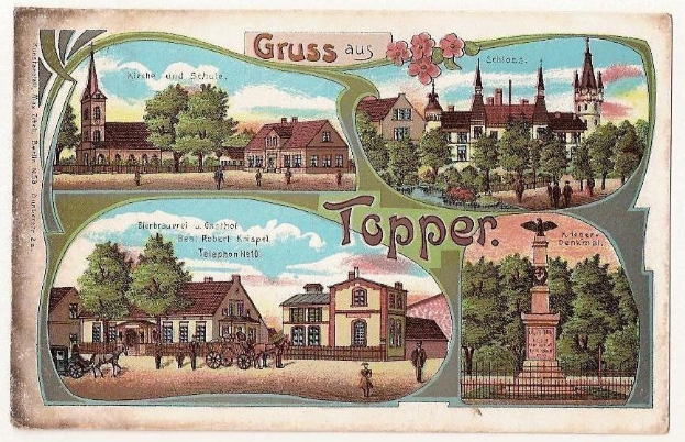 Alte Postkarte, die eine deutsche Stadt mit Gebäuden, Bäumen, Menschen, Wagen, einer Statue, einem Zaun und einem bewölkten Himmel zeigt, mit handgeschriebener Text auf der Vorderseite.