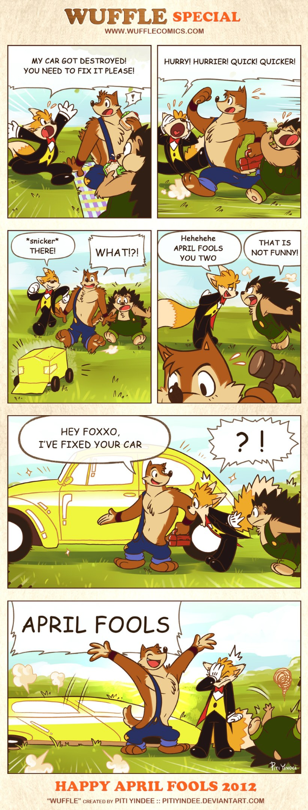 Comicstrip-Plakat mit der Aufschrift "Aprilscherz", das einen Cartoon-Mann und eine Cartoon-Frau in einer Unterhaltung zeigt