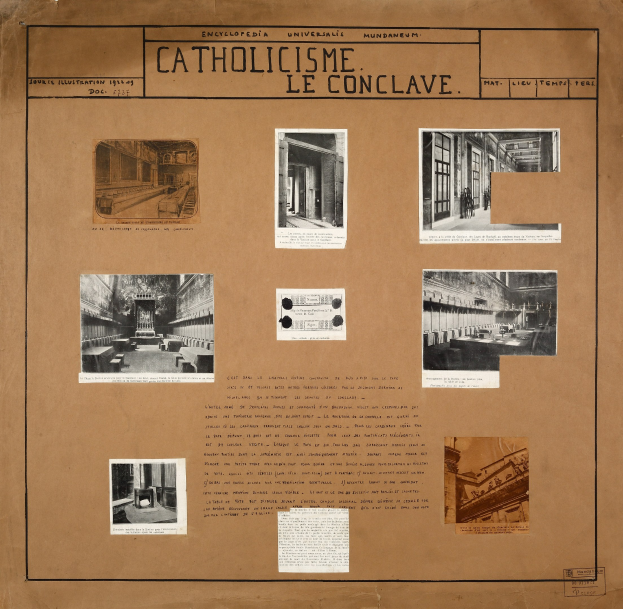 Ein Buch mit Bildern und Texten, die die Geschichte der katholischen Kirche dokumentieren, einschließlich Fotos von ihren Räumen, Fluren und erhaltenen Artefakten.