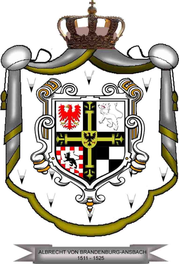 Wappen von Brandenburg-Ansbach mit einer gekrönten Schild mit einem steigenden Löwen links, einem Chevron rechts und dem Wort "Brandenburg" in fetter schwarzer Schrift darunter.