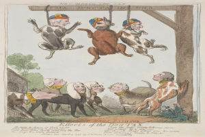 Ein Blatt Papier mit einer Zeichnung von Menschen und Tieren, darunter ein Hund, der an einem hölzernen Pfahl hängt, und ein Text, der die Auswirkungen einer Hundesteuer beschreibt.