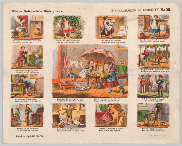 Ein abgenutztes Buch mit Kindern, die in einem sonnigen, grünen Garten spielen, mit Illustrationen von ihnen beim Spielen mit Spielzeug und einem Ball.