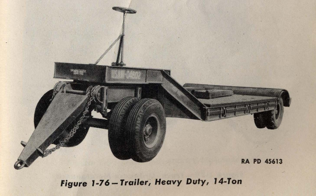 Schwarz-weiß-Foto eines Schwerlastanhängers mit einer Tragfähigkeit von 14 Tonnen, das unten einen Text mit zusätzlichen Informationen enthält.