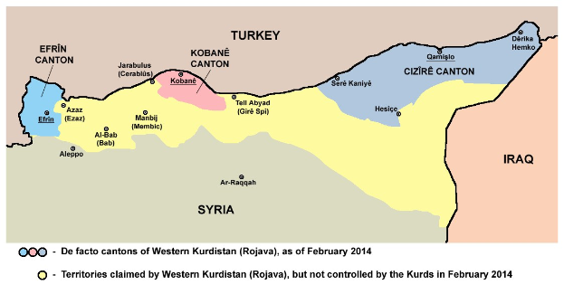 Detailierte Karte von Syrien und dem Irak, die das Ausmaß des Konflikts zeigt, einschließlich Grenzen, großen Städten, Gewässern und Text mit Ländernamen und Ereignisdaten.