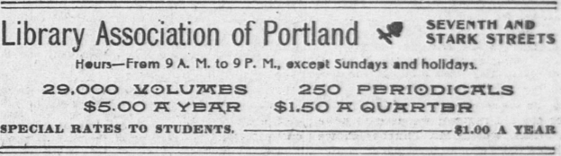 Eine Schwarz-Weiß-Anzeige für den Portland Library Association, die Text enthält.