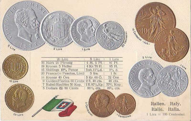 Ein Blatt Papier mit einer Reihe italienischer Münzen von 1877-1910, darunter mehrere 20-Lire-Münzen, mit Porträts und Text, sowie zwei Flaggen unten, darunter die italienische Flagge.