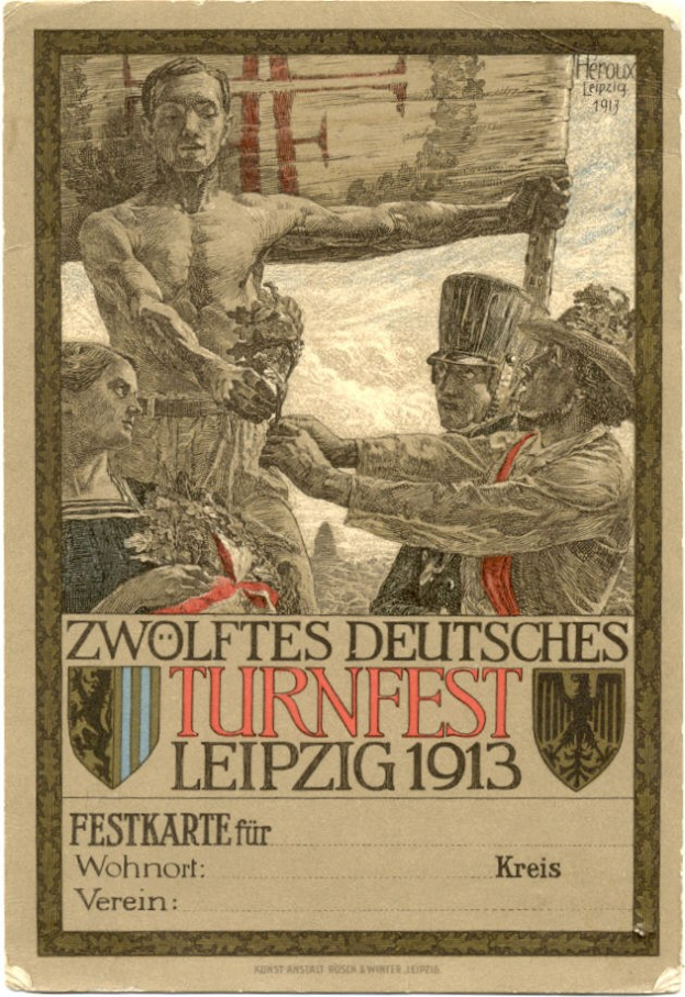 Plakat für das Zwölfte Deutsche Turnfest Leipzig 1913, das eine Gruppe von Menschen in der Mitte mit Text zeigt, der Details zum Ereignis enthält.