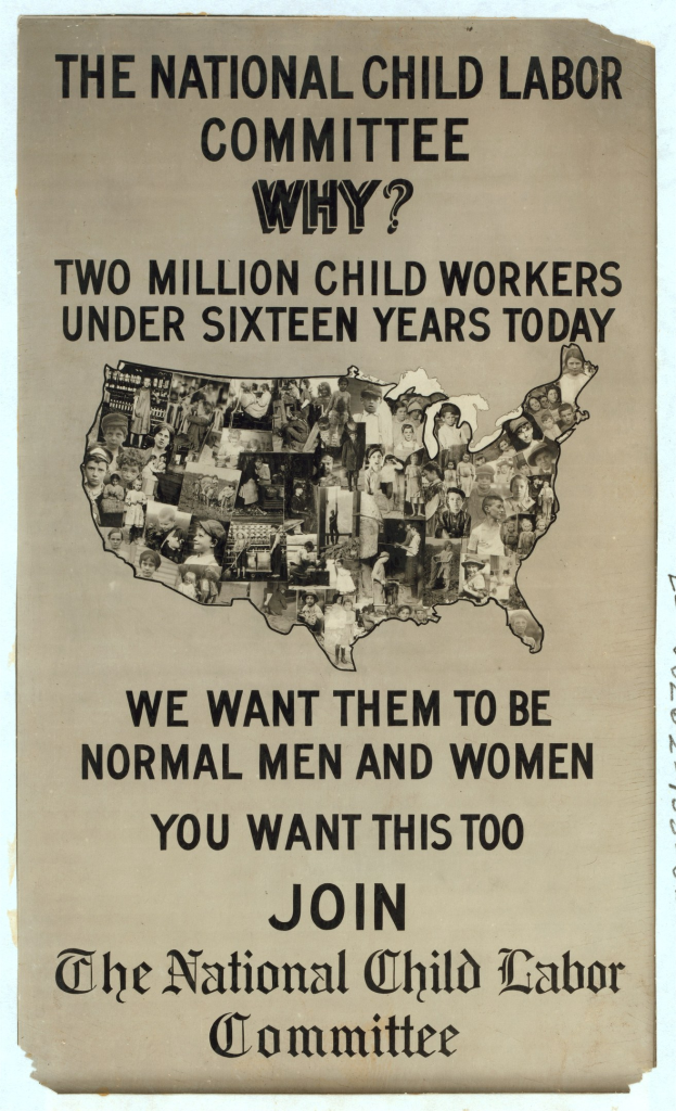 Plakat mit der Aufschrift "Der Nationale Ausschuss für Kinderarbeit: Warum? Zweieinhalb Millionen Kinderarbeiter unter sechzehn Jahren heute" mit einer Karte der USA und mehreren illustrierten Gesichtern, die Ausschussmitglieder darstellen.