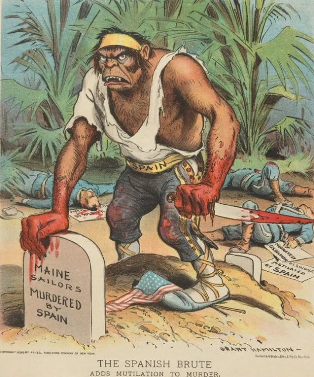 Zeichnung eines Mannes mit einem Messer in der Hand, der über einem Grab mit Text steht, umgeben von liegenden Gestalten und Bäumen, mit der Bildunterschrift "Der spanische Barbar fügt Verstümmelung zum Mord hinzu" unten.