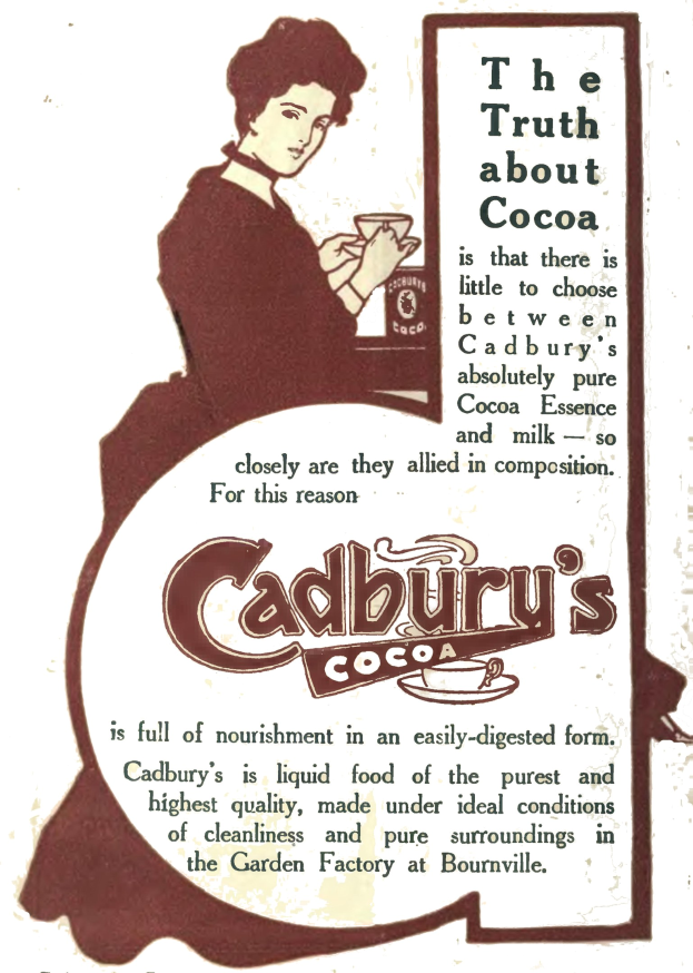Werbung für Cadbury's Kakao mit einer Frau, die eine Tasse Kakao hält, mit Text, der das Produkt und seine Vorteile beschreibt.