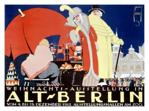 Plakat, das eine Weihnachtsausstellung in Alt-Berlin ankündigt, mit leuchtenden Illustrationen von Menschen, Gebäuden und Gegenständen und dem Text "Weihnachtsausstellung in Alt-Berlin" oben drauf.