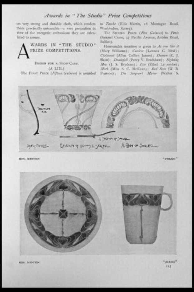 Schwarz-weiß-Zeichnung einer Tasse und eines Untersetzers mit einem Design, umrahmt von einem schwarzen Rand, auf Papier mit der Inschrift "Awards in the Studio Prize Competitions".
