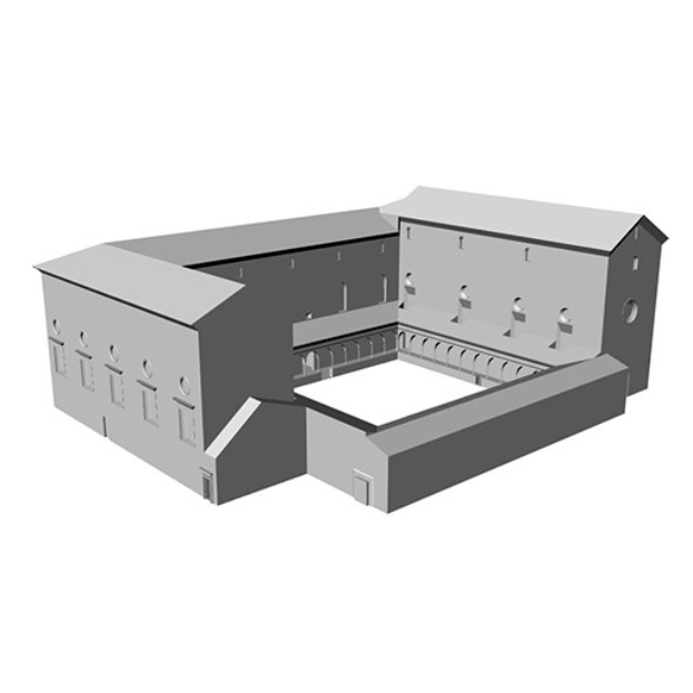 Ein 3D-animiertes Modell eines Konzertsaals mit zahlreichen Fenstern, dargestellt in einem lebendigen und farbenfrohen Stil.