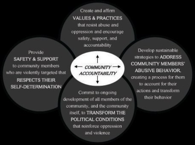 Ein Diagramm mit der Bezeichnung "Gemeinschaftliche Rechenschaftspflicht", das einen zentralen Kreis zeigt, der durch Pfeile mit drei überlappenden Kreisen verbunden ist, alle in starken, leuchtenden Farben.