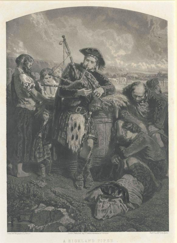 Schwarze und weiße Gravur eines Mannes, der eine Dudelsackpfeife vor einer Gruppe von Menschen spielt, mit einem bewölkten Himmel im Hintergrund und dem Text "Ein Highland Pipe" unten.