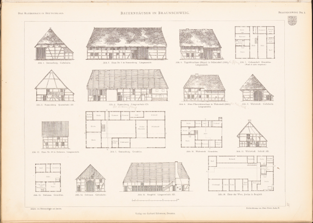 Ein offenes altes Buch zeigt Architekturpläne und -zeichnungen verschiedener Hausentwürfe auf einer Seite, begleitet von beschreibendem Text.