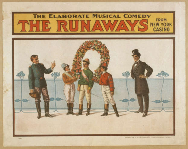 Plakat für "Elaborate Musical Comedy Runaways from New York Casino" mit einer Gruppe von Menschen in einer Reihe, wobei eine Person einen Blumenstrauß hält und Text den Comedy beschreibt.